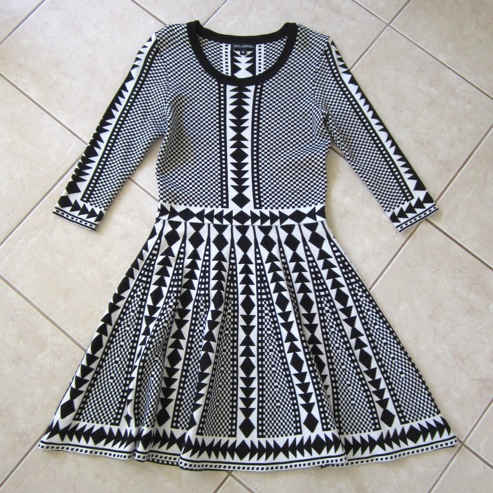 Nina Leonard Geometric Print Sweater Dress